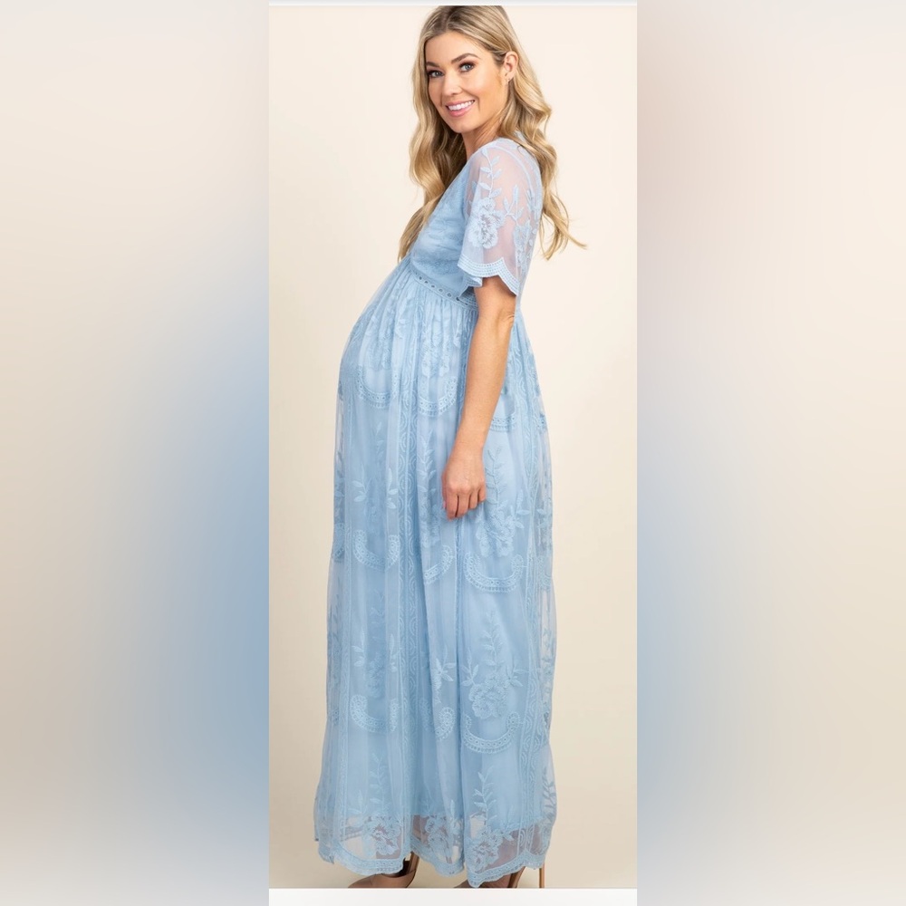 PinkBlush Light Blue Lace Mesh Overlay Maternity Maxi Dress